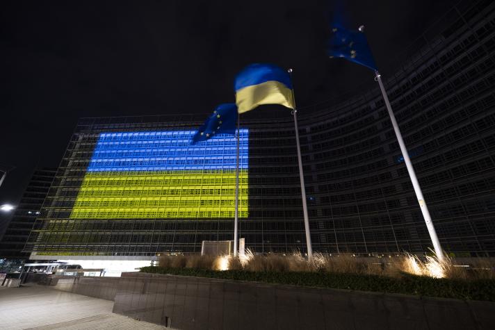 Berlaymont building  illuminated in blue and yellow to commemorate the 3rd year of the Russian invasion of Ukraine