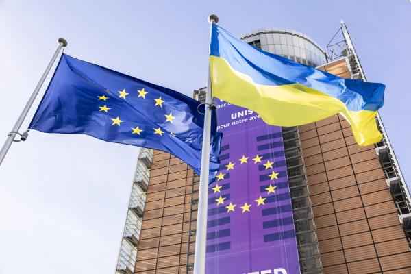 European and Ukrainian flags raised in front of the Berlaymont building to commemorate the 3rd year of the Russian invasion of Ukraine